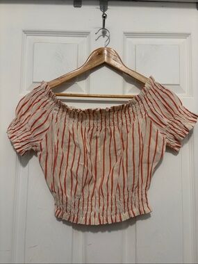 Compañia Fantastica Off-Shoulder Red Stripe Peasant Style Cropped Top